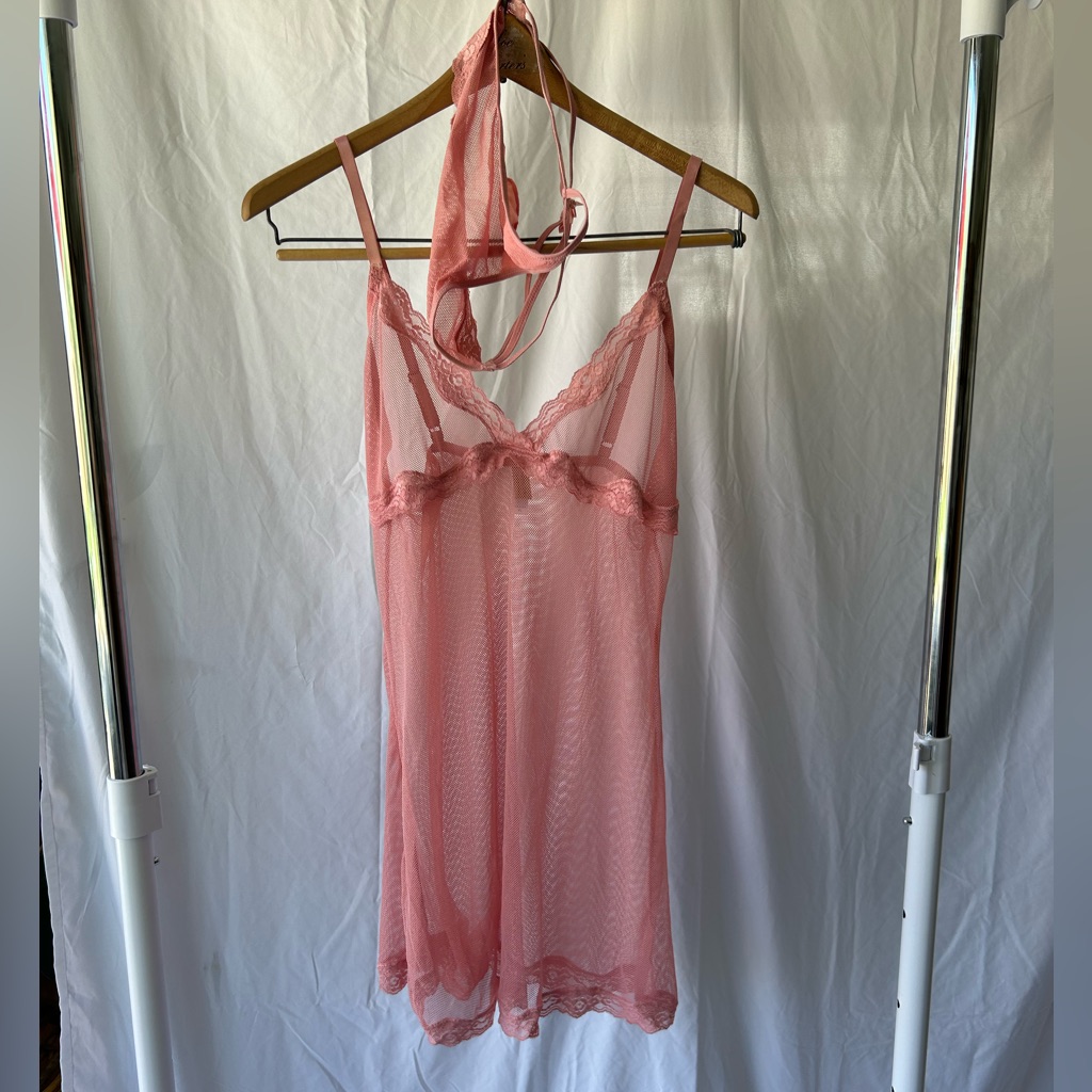 Pink Mesh And Lace Slip Dress With Matching Panties Set Sz Xl (See Measurements)